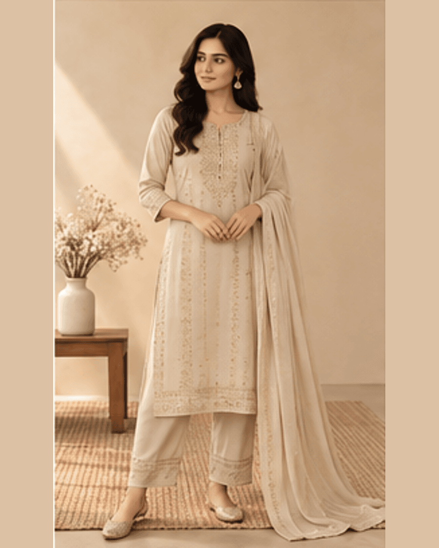 Ira Beige Office Kurta Set front view