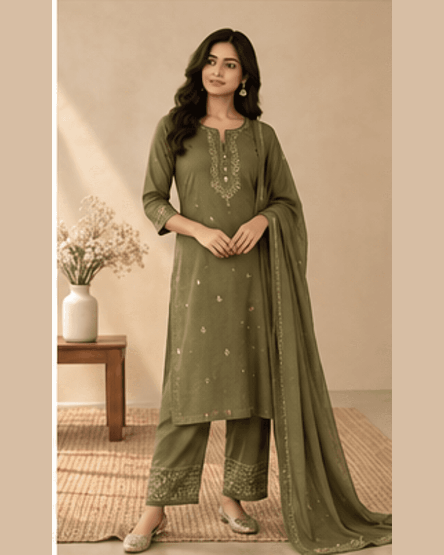 Nivya Olive Work Kurta front view