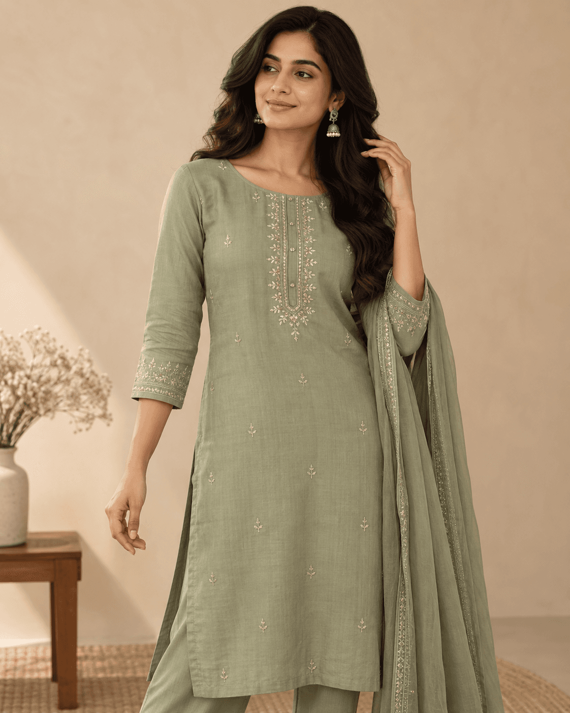 Aara Sage Work Kurta front view