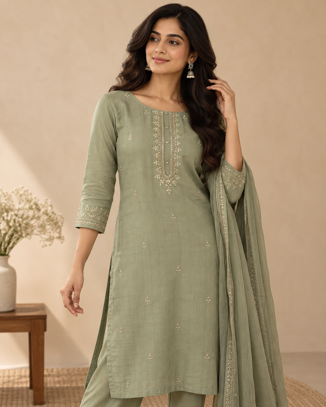 Aara Sage Work Kurta front view