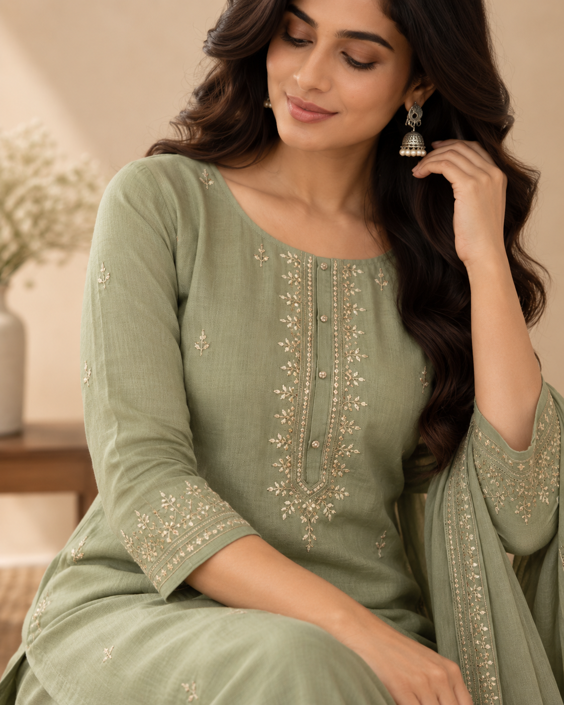 Aara Sage Work Kurta fabric and detail view