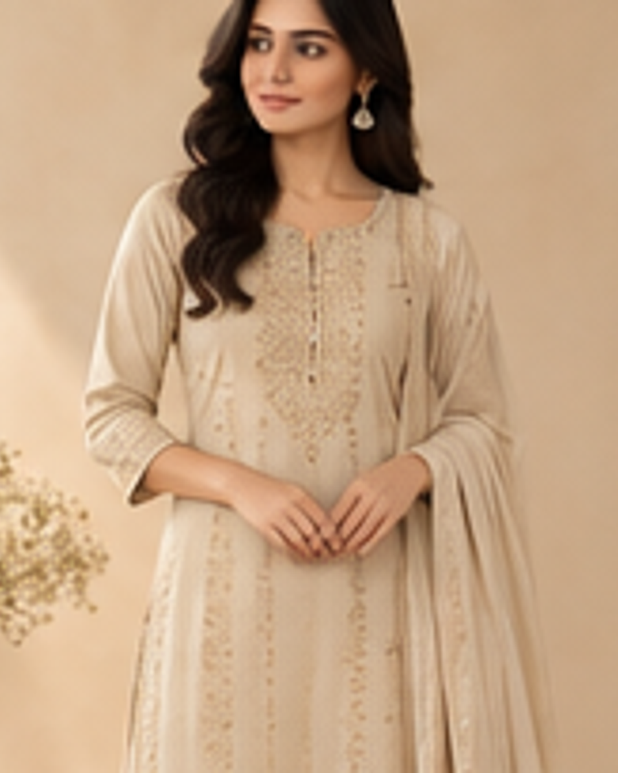 Ira Beige Office Kurta Set fabric and detail view
