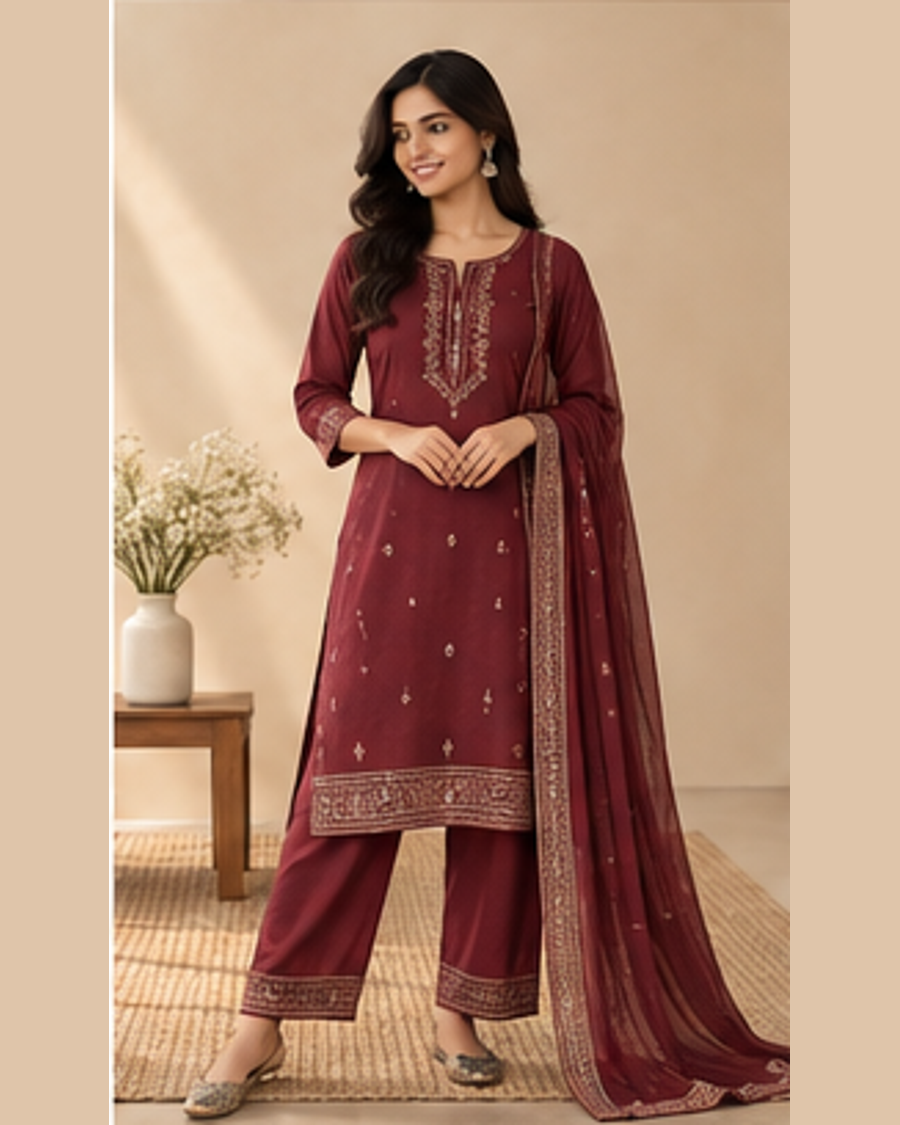 Kiara Wine Festive Kurta Set front view