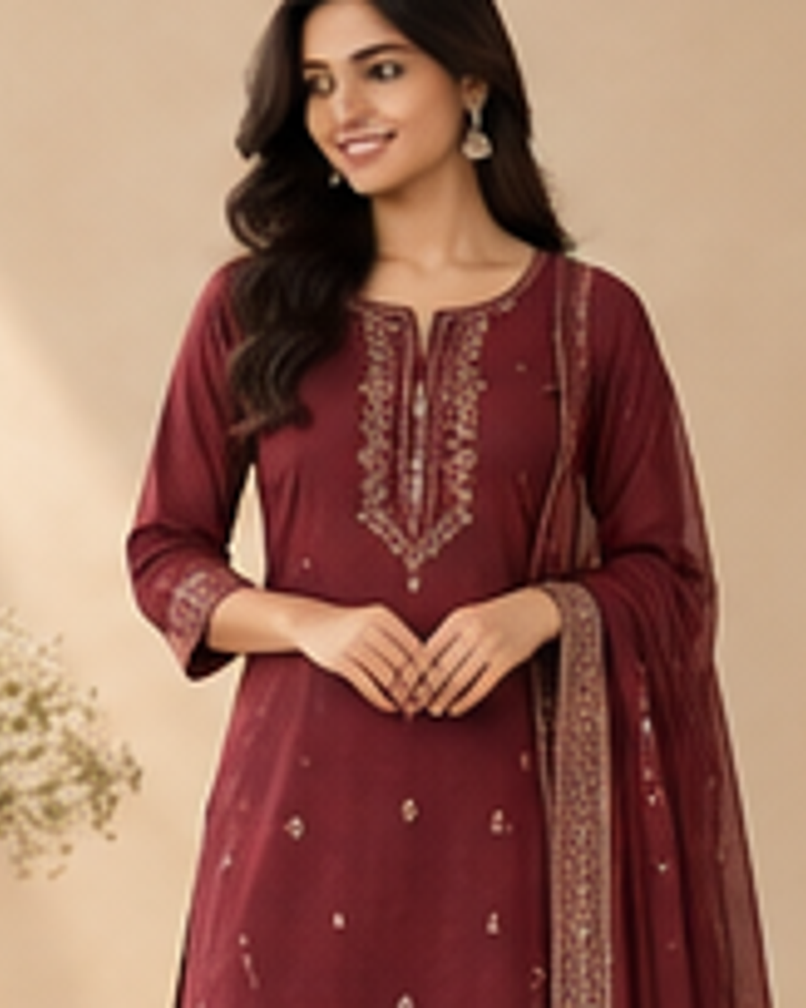 Kiara Wine Festive Kurta Set fabric and detail view