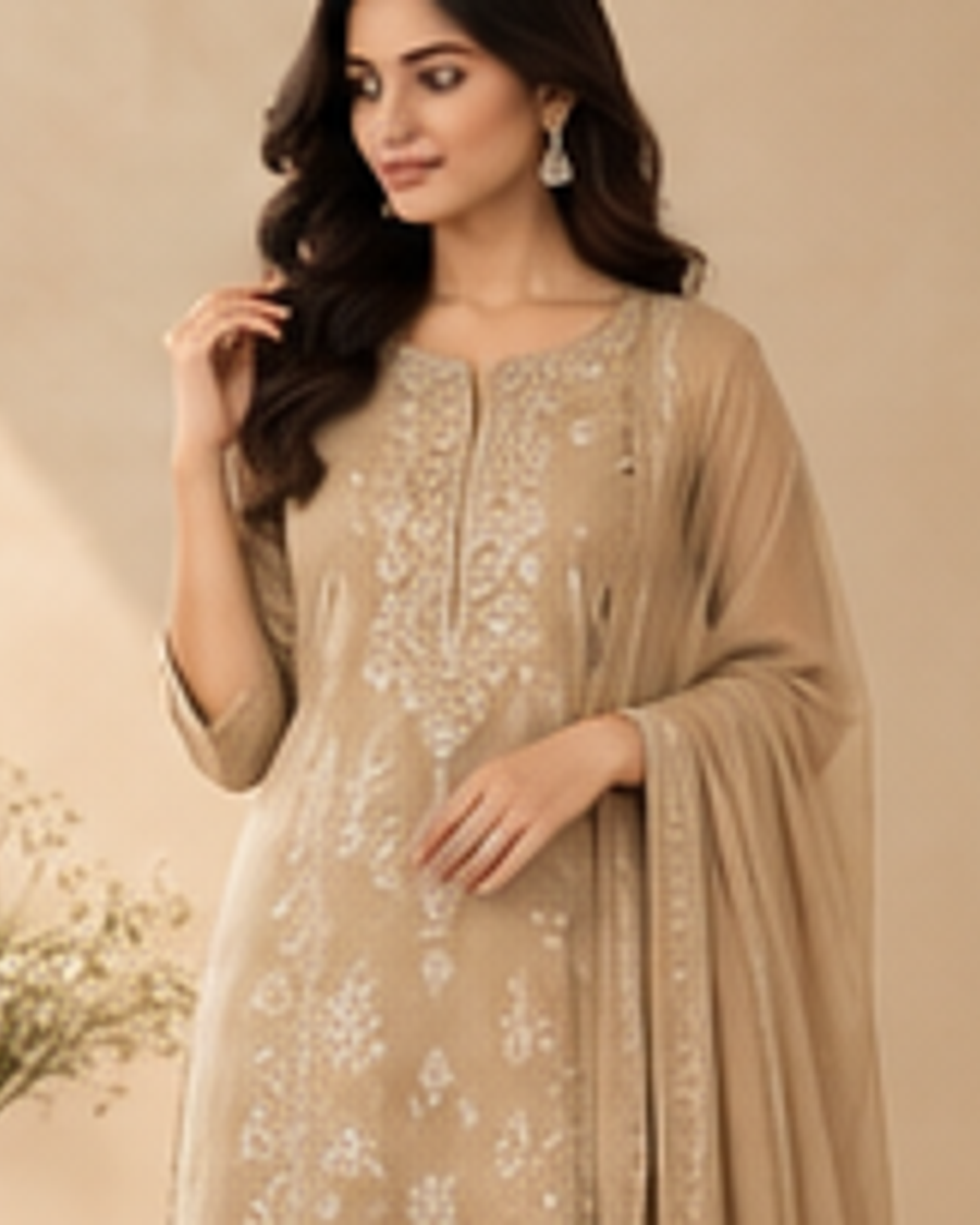 Meher Gold Beige Occasion Set fabric and detail view