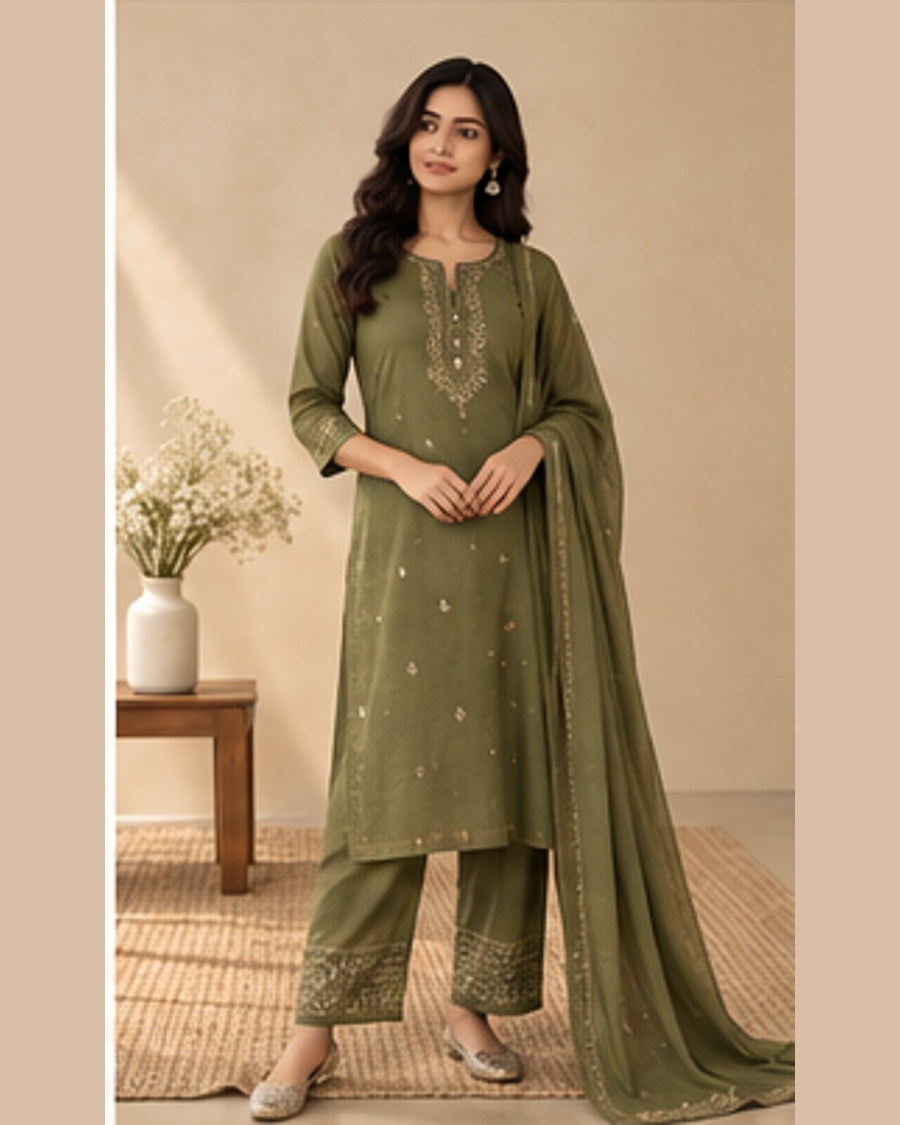 Nivya Olive Work Kurta front view