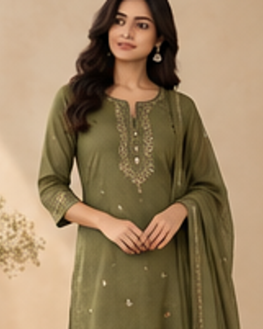Nivya Olive Work Kurta fabric and detail view