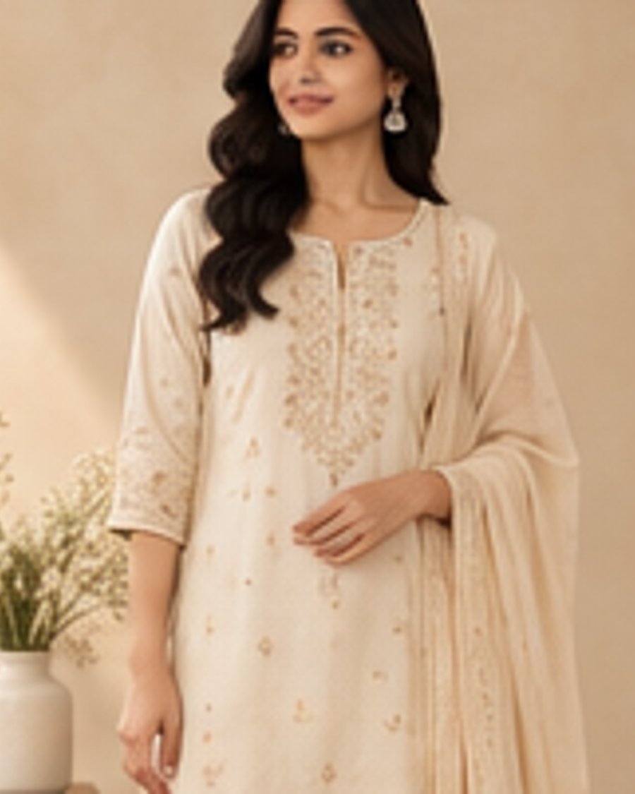 Sana Sand Kurta Set fabric and detail view